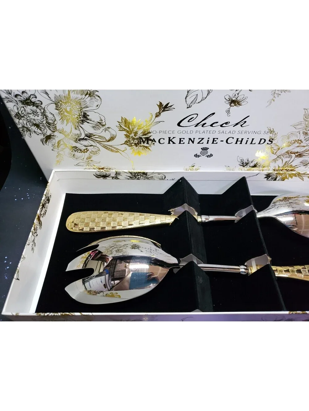 McKenzie Childs Gold Plated Salad Serving Set NEW IN BOX Check Pattern